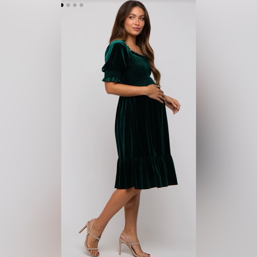 PinkBlush Green Velvet Smocked Puff Sleeve Maternity Dress